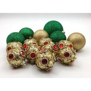 Christmas Tree Ornaments Gold & Green Glitter Shatterproof Med to Large Set / 15